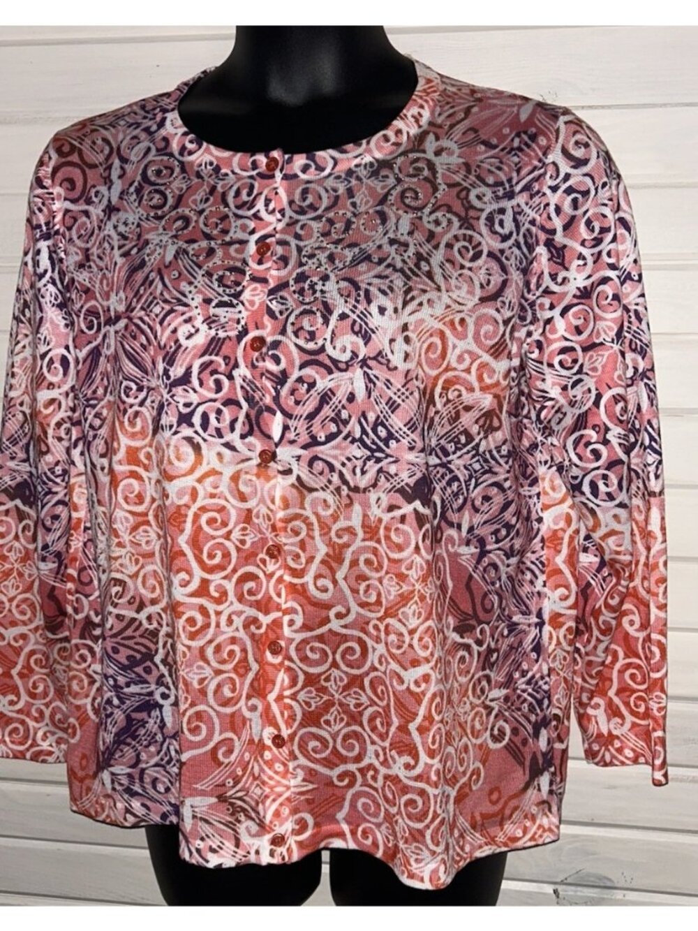 CJ Banks PLUS Sz 2X Pink Orange White Button Up Lightweight Cardigan Studded EUC